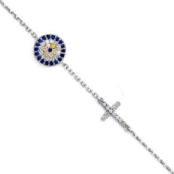 14K White Gold Evil Eye Cross Bracelet 8" - Picture 2 of 3